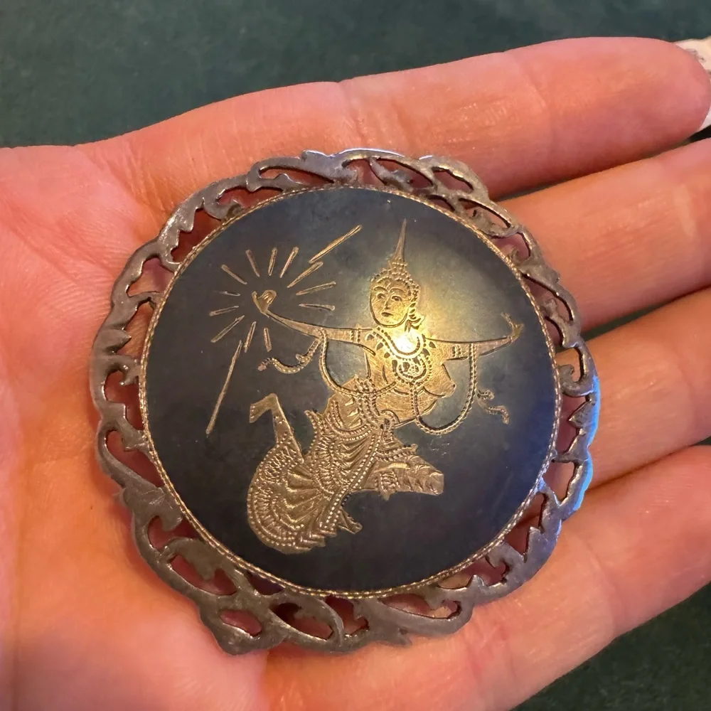 Vintage Sterling Silver & Black Enamel Siam Dancer Brooch 13.1g - Picture 3 of 9